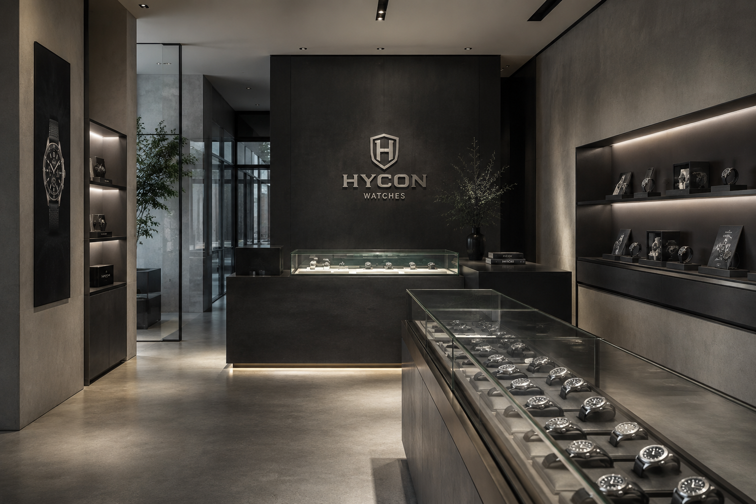 HYCON boutique interior with watch displays