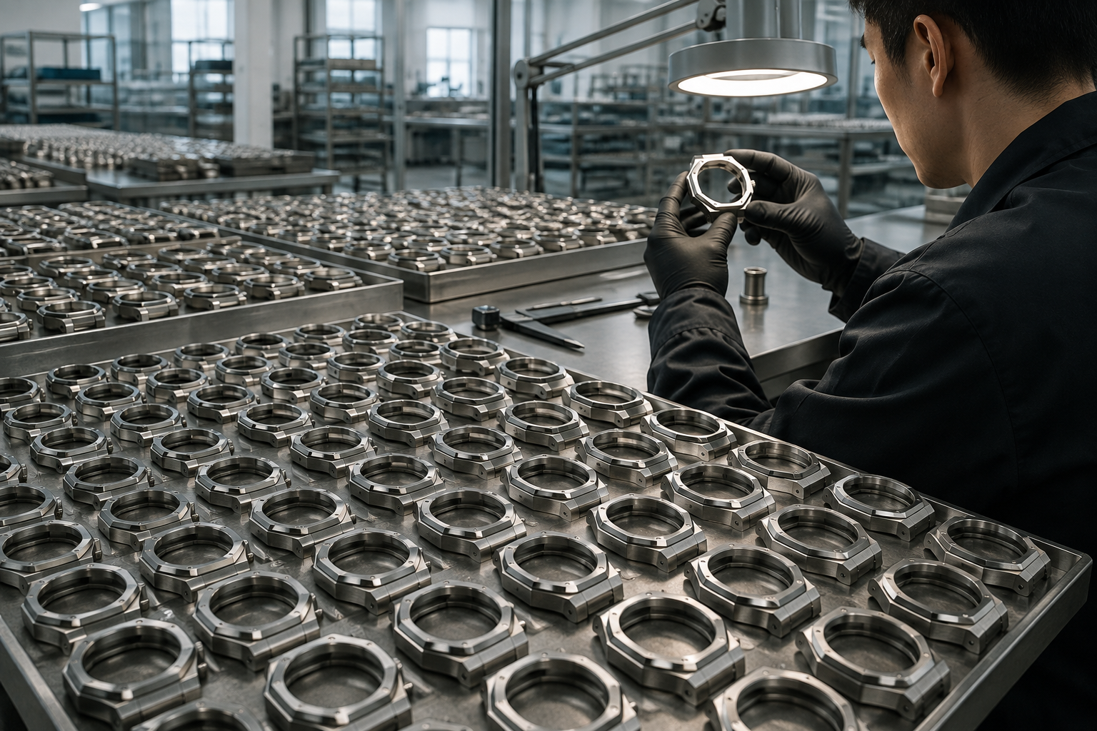 HYCON quality control — inspecting watch cases in the atelier