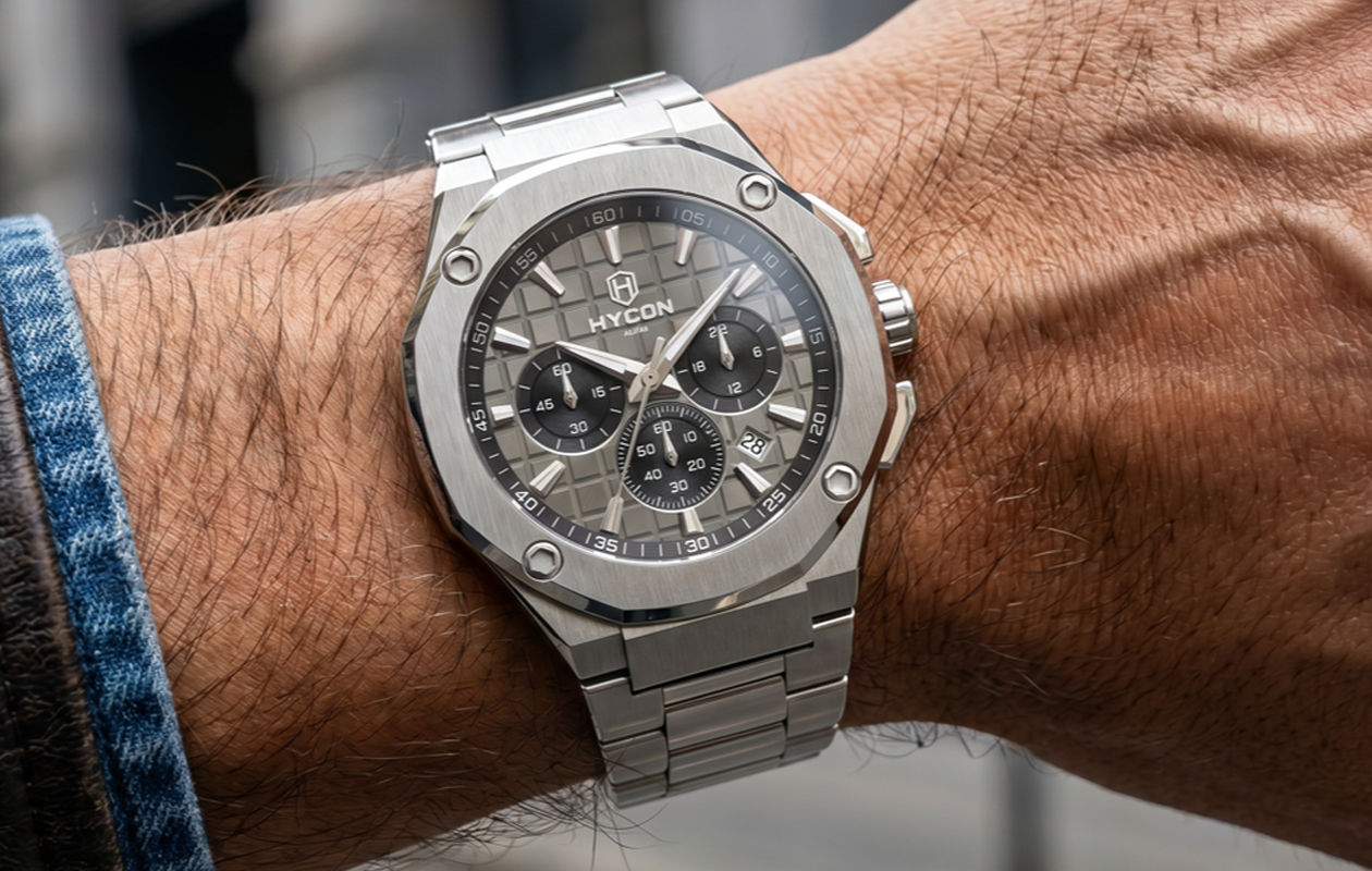 HYCON Atlas Grey Steel — worn on the wrist